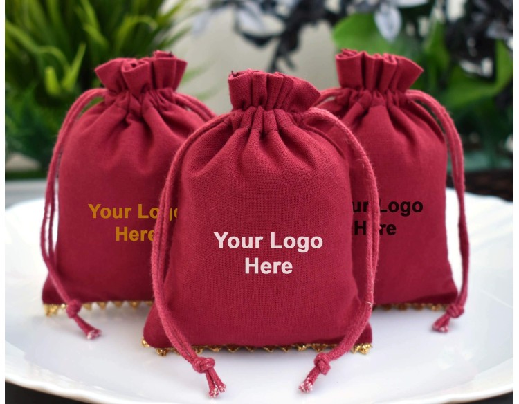 Red Designer Custom Logo Jewelry Pouch, Favor Bag, Cotton Drawstring Pouch