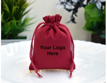Red Designer Custom Logo Jewelry Pouch, Favor Bag, Cotton Drawstring Pouch