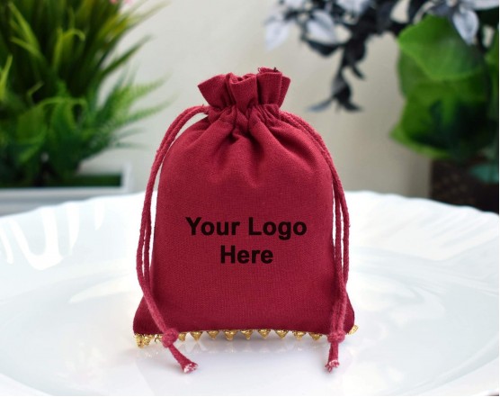 Red Designer Custom Logo Jewelry Pouch, Favor Bag, Cotton Drawstring Pouch