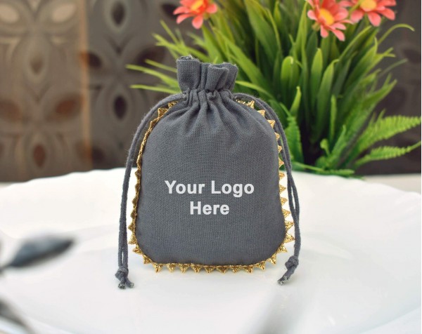 Designer Grey Custom Logo Jewelry Pouch, Favor Bag, Cotton Drawstring Pouch