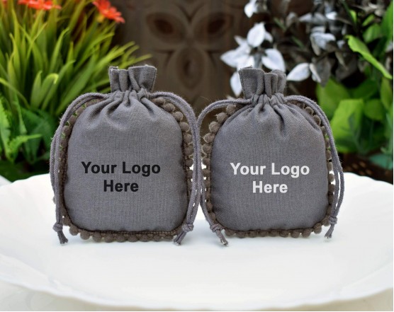 Grey Designer  Custom Logo Jewelry Pouch, Wedding Favor Bag, Cotton Drawstring Pouch