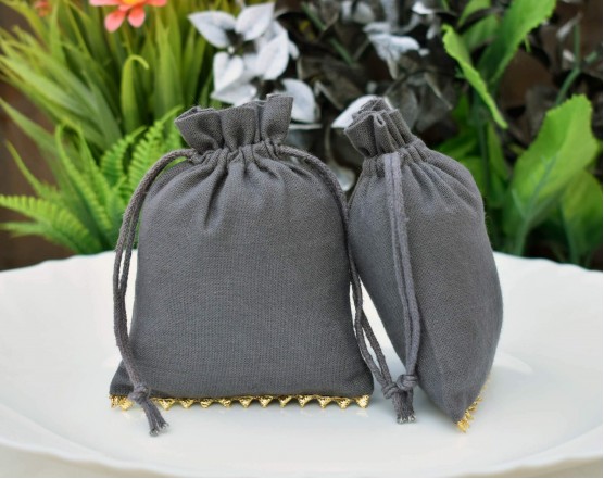 Grey Cotton Drawstring Pouch, Cotton Jewelry Package, Custom Wedding Favor Bag