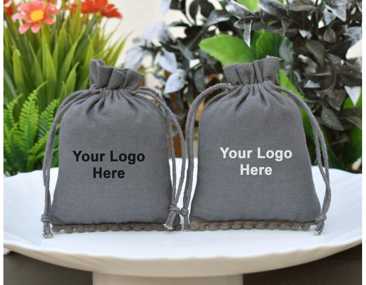 Designer Pom Pom Cotton Drawstring Pouch, Cotton Jewellery Package, Custom Wedding Favor Bag