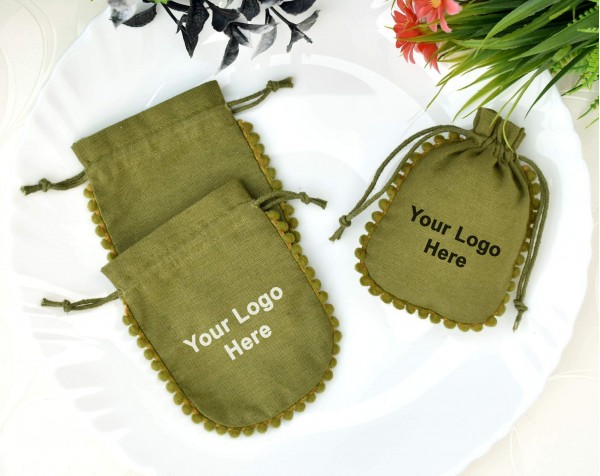 Olive Green Designer Custom Drawstring Pouch, Jewelry Package, Reusable Bags, Gift Packaging