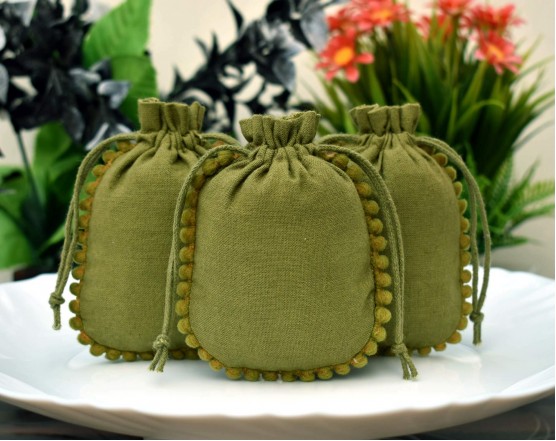 Olive Green Designer Custom Drawstring Pouch, Jewelry Package, Reusable Bags, Gift Packaging