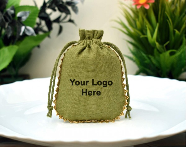 Olive Green Designer Custom Jewelry Package Eco Friendly Cotton Pouch