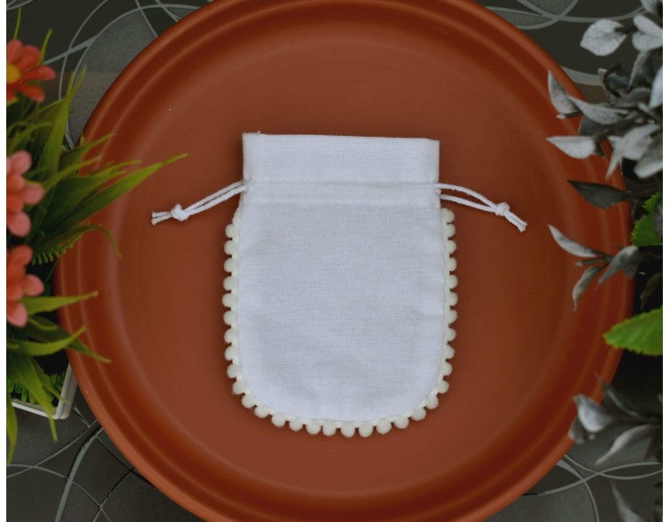 Designer White Custom Drawstring Pouch, Cotton Jewelry Pouch, Wedding Favor Bag, Gift Packaging