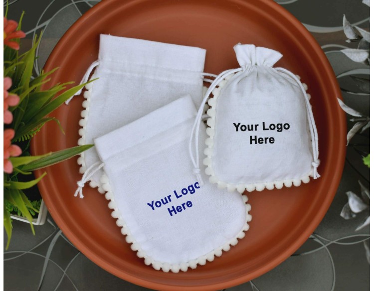 Designer White Custom Drawstring Pouch, Cotton Jewelry Pouch, Wedding Favor Bag, Gift Packaging