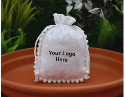Designer White Custom Drawstring Pouch, Cotton Jewelry Pouch, Wedding Favor Bag, Gift Packaging