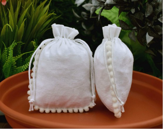 Designer White Custom Drawstring Pouch, Cotton Jewelry Package, Wedding Favor Bag, Gift Packaging