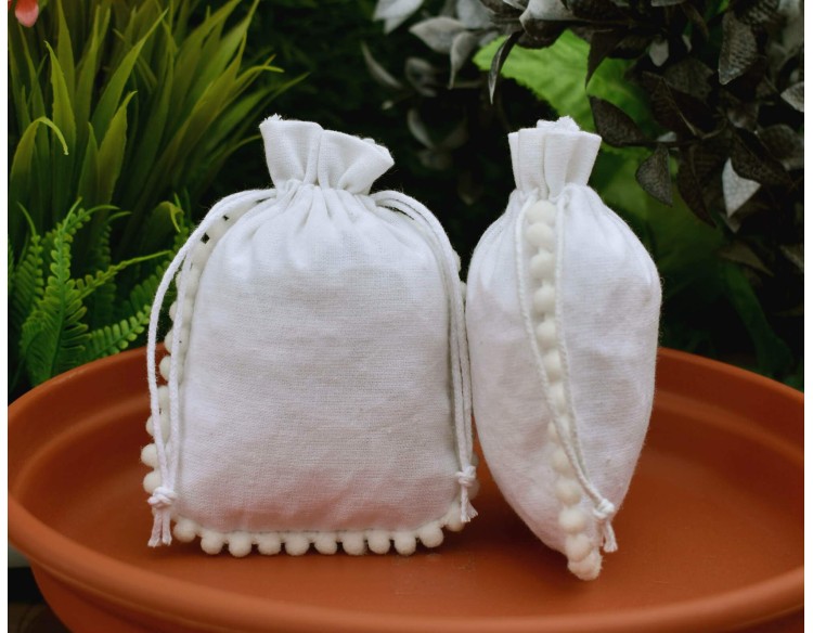 Designer White Custom Drawstring Pouch, Cotton Jewelry Pouch, Wedding Favor Bag, Gift Packaging