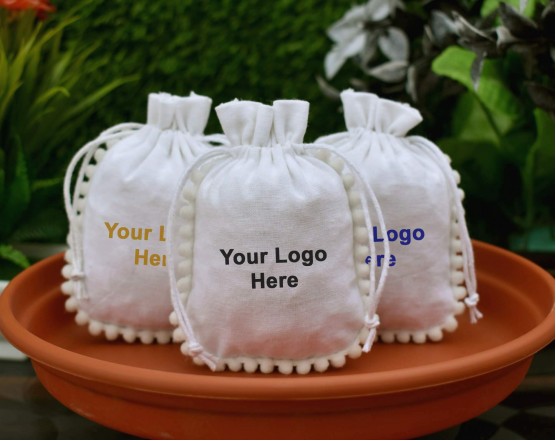 Designer White Custom Drawstring Pouch, Cotton Jewelry Package, Wedding Favor Bag, Gift Packaging