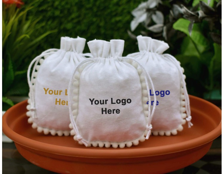 Designer White Custom Drawstring Pouch, Cotton Jewelry Pouch, Wedding Favor Bag, Gift Packaging