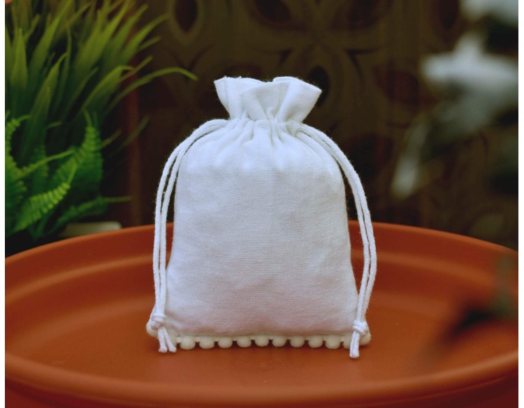 White Designer Custom Logo Jewelry Pouch, Wedding Favor Bag, Cotton Drawstring Pouch