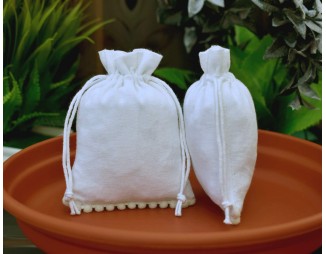 White Designer Custom Logo Jewelry Pouch, Wedding Favor Bag, Cotton Drawstring Pouch