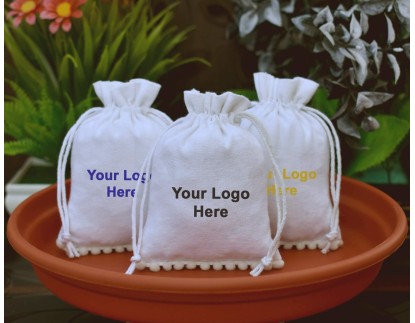 White Designer Custom Logo Jewelry Pouch, Wedding Favor Bag, Cotton Drawstring Pouch