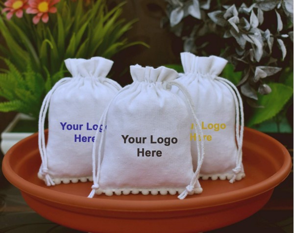 White Designer Custom Logo Jewelry Pouch, Wedding Favor Bag, Cotton Drawstring Pouch