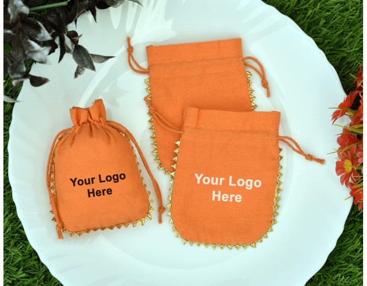 Orange Custom Logo Jewellery Pouch, Wedding Favor Bag, Cotton Drawstring Pouch