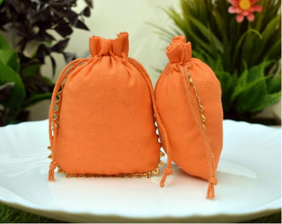 Orange Custom Logo Jewellery Pouch, Wedding Favor Bag, Cotton Drawstring Pouch
