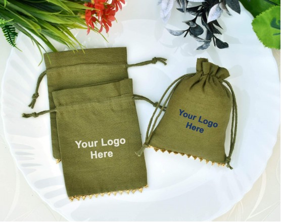 Olive Green Custom Jewellery Pouch Eco Friendly Cotton Gift Packaging