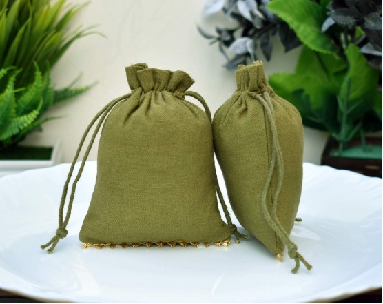 Olive Green Custom Jewellery Pouch Eco Friendly Cotton Gift Packaging