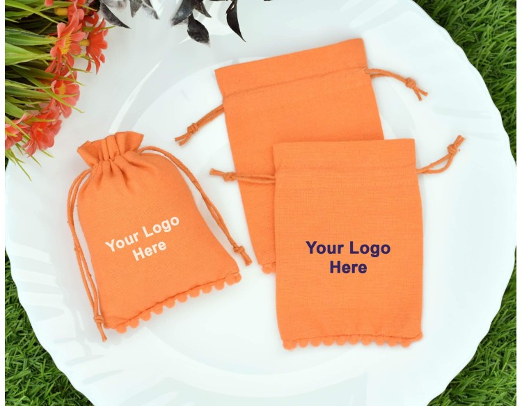 Designer Orange Custom Drawstring Pouch, Cotton Jewelry Package, Wedding Favor Bag