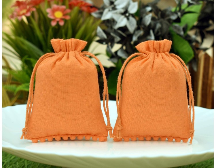 Designer Orange Custom Drawstring Pouch, Cotton Jewelry Package, Wedding Favor Bag