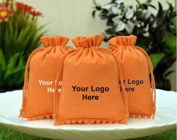 Designer Orange Custom Drawstring Pouch, Cotton Jewelry Package, Wedding Favor Bag