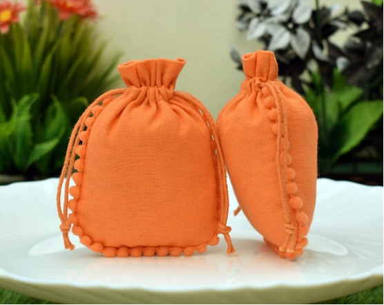 Designer Orange Cotton Drawstring Pouch, Custom Jewelry Package, Wedding Favor Bag