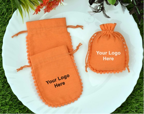 Designer Orange Cotton Drawstring Pouch, Custom Jewelry Package, Wedding Favor Bag