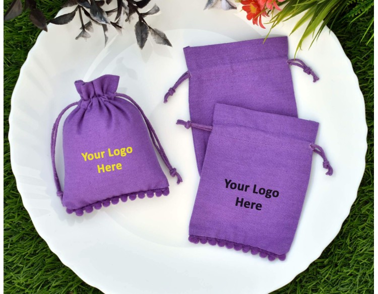 100 Pack Designer Purple Custom Jewelry Pouch with Logo, Small Drawstring Bags, Wedding Favor Bags