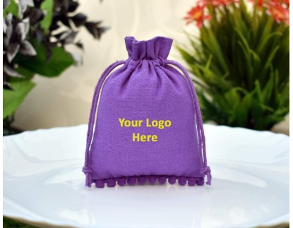 100 Pack Designer Purple Custom Jewelry Pouch with Logo, Small Drawstring Bags, Wedding Favor Bags