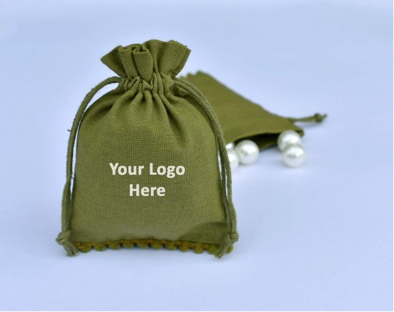 Olive Green Designer Custom Logo Jewelry Pouch, Wedding Favor Bag, Cotton Drawstring Pouch