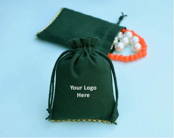 Green Custom Drawstring Bags Personalized Logo Jewelry Packaging Cotton Pouches