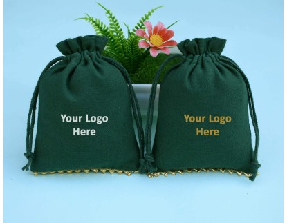 Green Custom Drawstring Pouches with Personalized Logo, Jewelry Bags, Wedding Favor Bags
