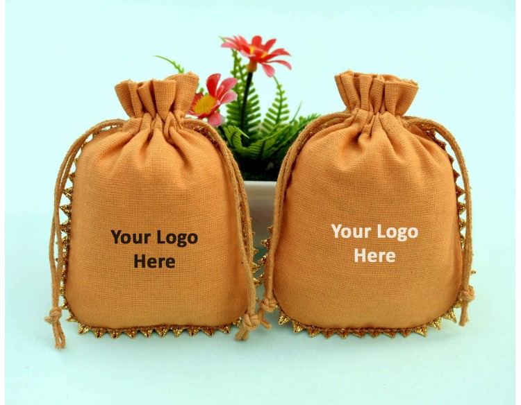 Yellow Cotton Drawstring Wedding Favor Bags | Custom Jewelry Pouches With Logo 