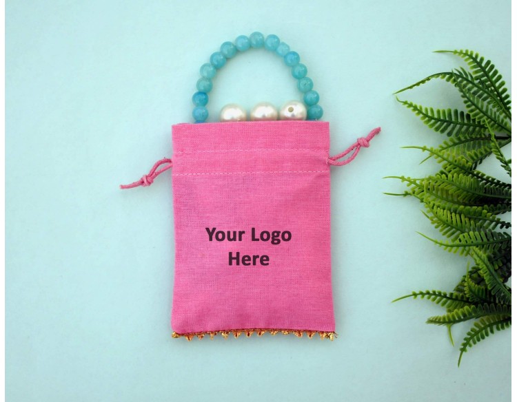 Pink Custom Logo Jewelry Pouch, Wedding Favor Bag, Cotton Drawstring Pouch