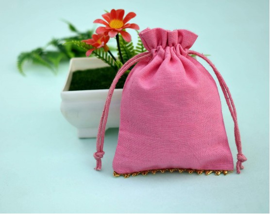 Pink Custom Logo Jewelry Pouch, Wedding Favor Bag, Cotton Drawstring Pouch