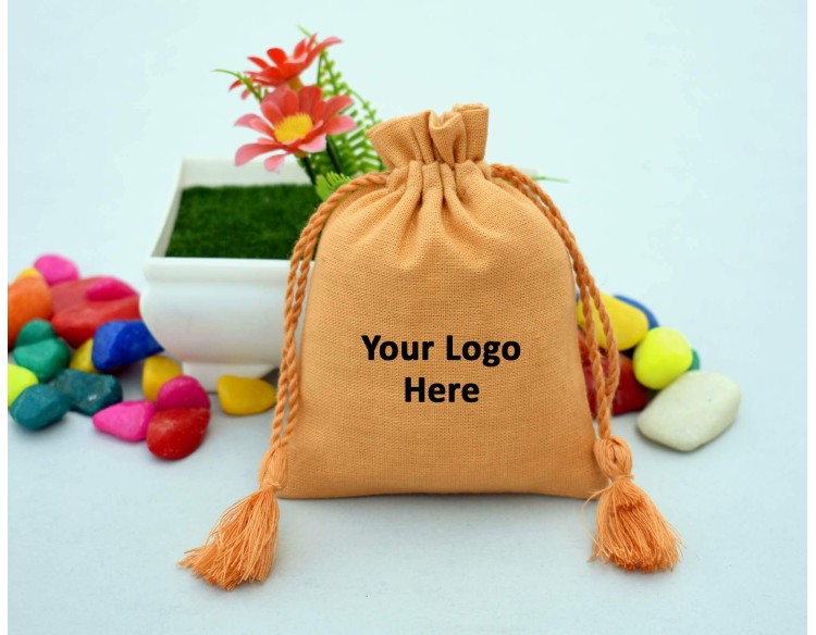 Designer Yellow Cotton Drawstring Pouch, Custom Jewelry Package, Wedding Favor Bag