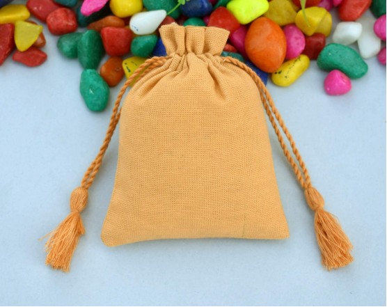 Designer Yellow Cotton Drawstring Pouch, Custom Jewelry Package, Wedding Favor Bag