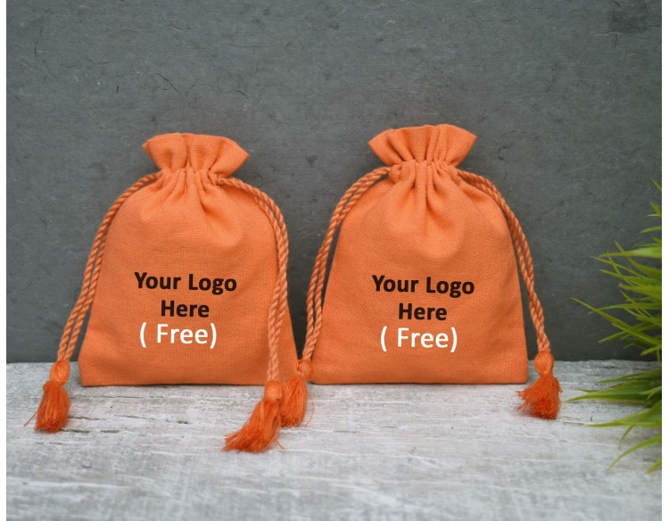 Orange Custom Jewelry Pouch With Logo Wedding Favor Bag Cotton Drawstring pouch
