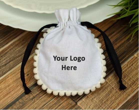 Designer White Custom  Jewelry Packaging, Drawstring Pouch, Wedding Favor Bag