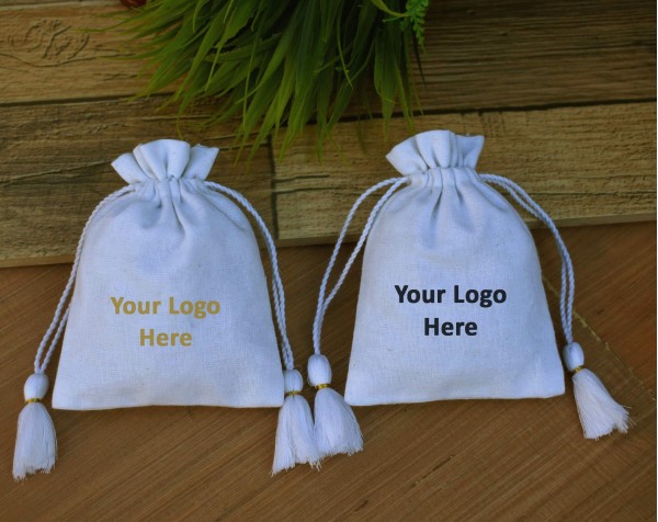 White Custom Jewellery Pouch With Logo Wedding Favor Bag Cotton Drawstring pouch