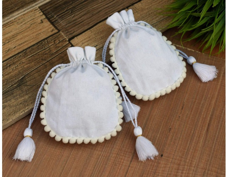 White Designer Custom Jewelry Pouch, Eco Friendly Cotton Pouches, Reuse Bag