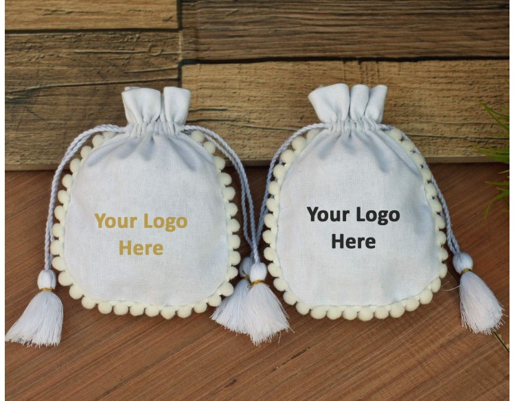White Designer Custom Jewelry Pouch, Eco Friendly Cotton Pouches, Reuse Bag