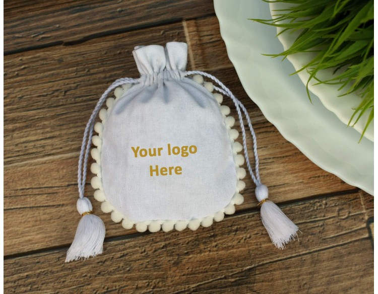 White Designer Custom Jewelry Pouch, Eco Friendly Cotton Pouches, Reuse Bag
