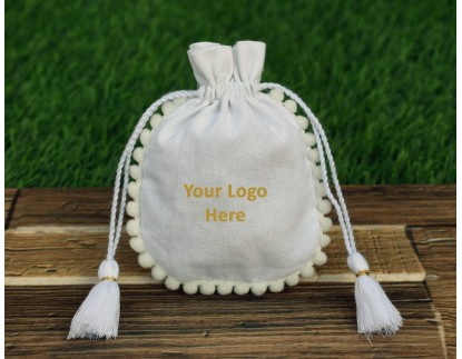 White Designer Custom Jewelry Pouch, Eco Friendly Cotton Pouches, Reuse Bag