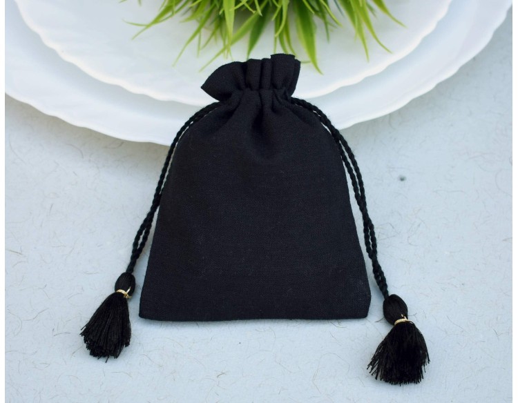 Black Eco-Friendly Drawstring Pouch, Small Cotton Bags, Cotton Drawstring Bags, Custom Logo Print