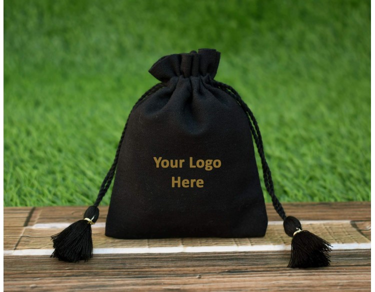 Black Eco-Friendly Drawstring Pouch, Small Cotton Bags, Cotton Drawstring Bags, Custom Logo Print