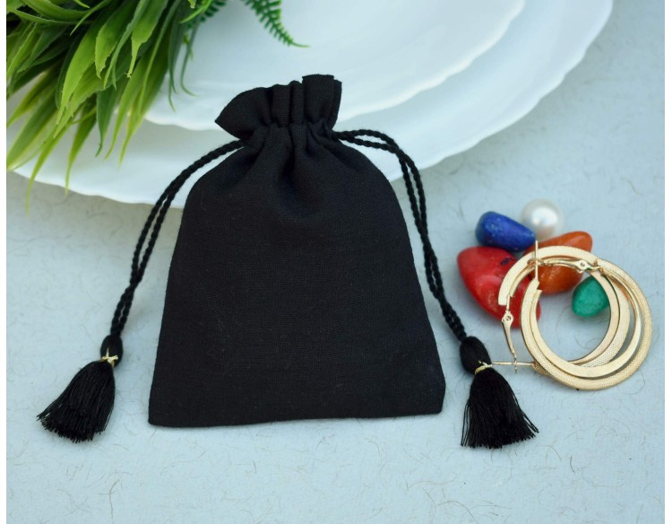 Black Eco-Friendly Drawstring Pouch, Small Cotton Bags, Cotton Drawstring Bags, Custom Logo Print